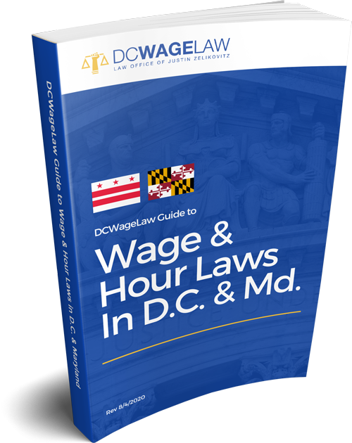 Book with "DCWageLaw Guide to Wage & Hour Laws In D.C. & Maryland" on the cover